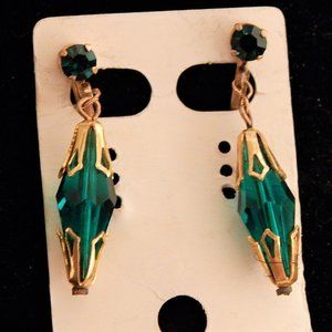 Vintage 1930's Emerald Crystal Earrings in 14K Rolled-Gold, Screwback Fasteners